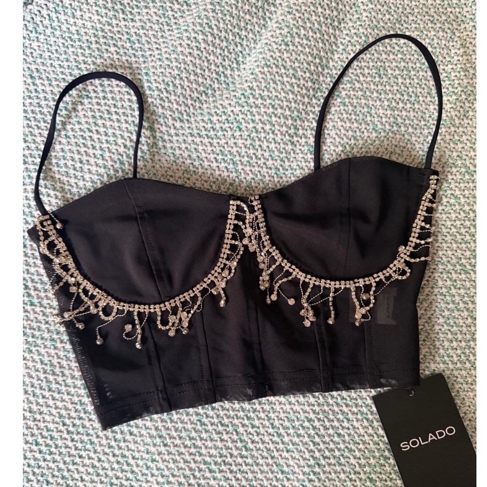 Solado Black Rhinestone Fringe Bustier Crop Top Mesh Corset Small Western NEW